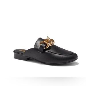 Black Leather Mules with Gold Chain Accent